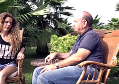 Big bellied old geezer humps curly teen in doggie