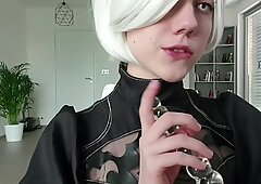 Nier: 2B covered with milk barely wanks - teen cosplay bust