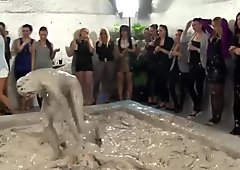 Classy euro hotties watch mud wrestling match