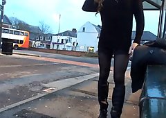 Tranny daring public bus station 