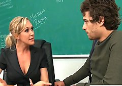 Blonde teacher Brandi Love riding cock in classroom