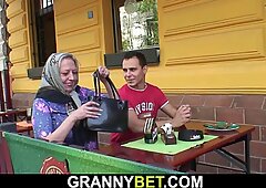 Picked up busty oldie rides his horny cock