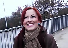 Czech redhead is paid cash to flash and suck dick in public